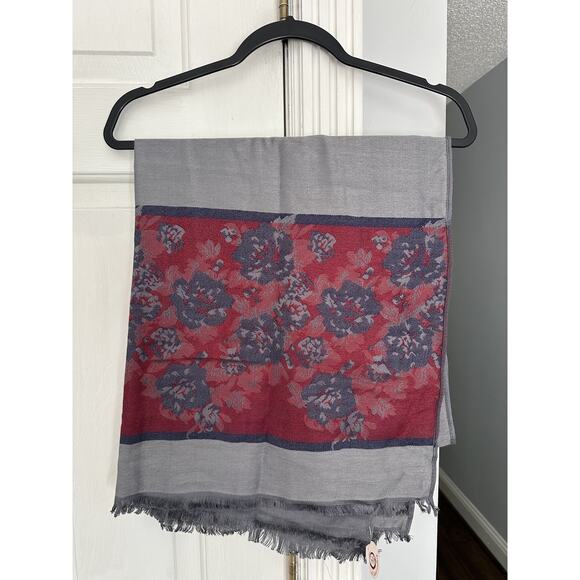 NWT Al Jaber Gallery Scarf 100% Cashmere 72x25 Gray Red w/Fringe GORGEOUS - Picture 1 of 6